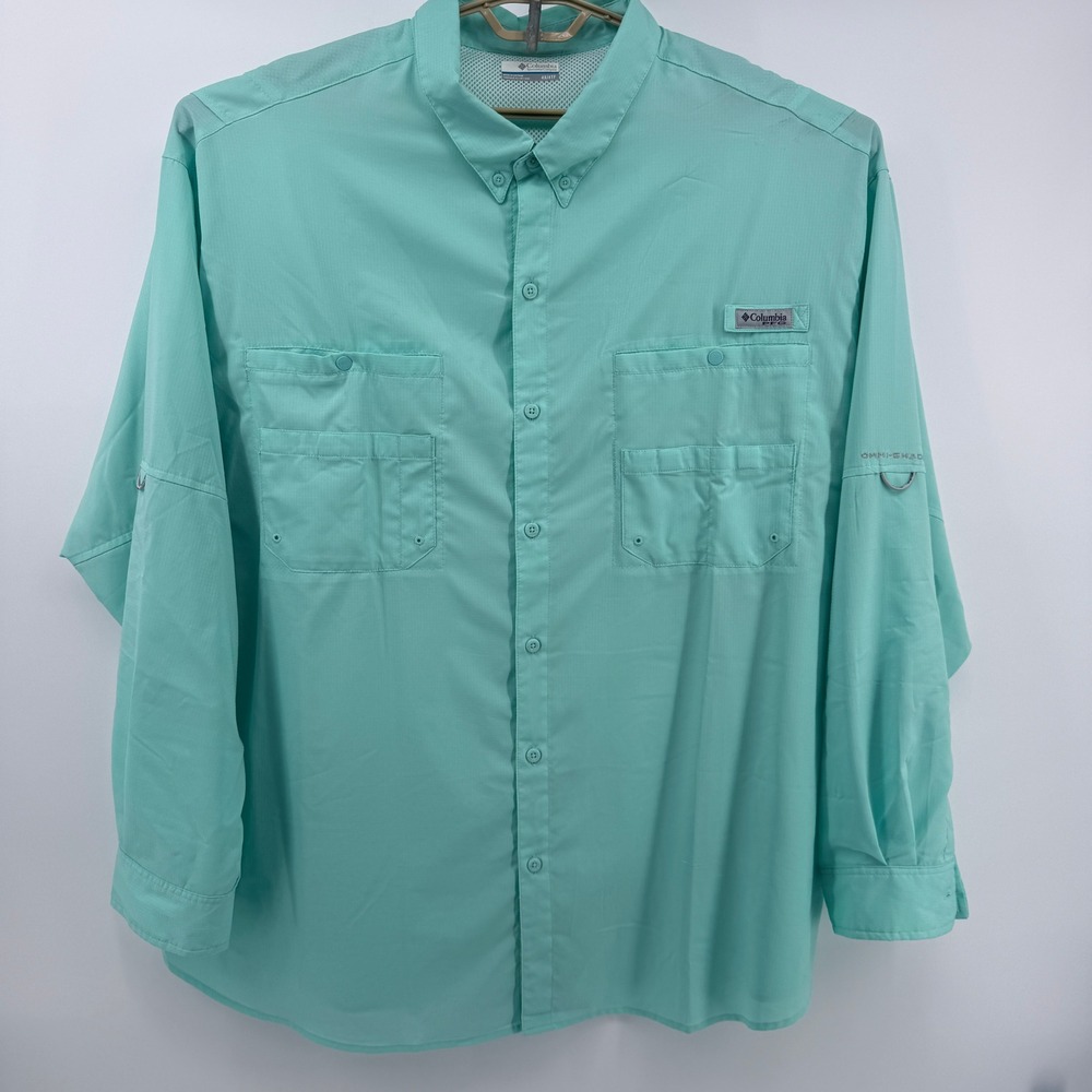 Columbia PFG Tamiami II Fishing Shirt Mens 4X Long Sleeve Aqua Green Omni-Shade - Picture 2 of 13